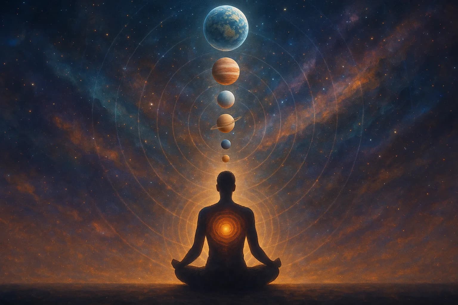 Meditating figure aligned with planets and glowing cosmic energy representing a deeper kind of healing in a starry nebula sky.