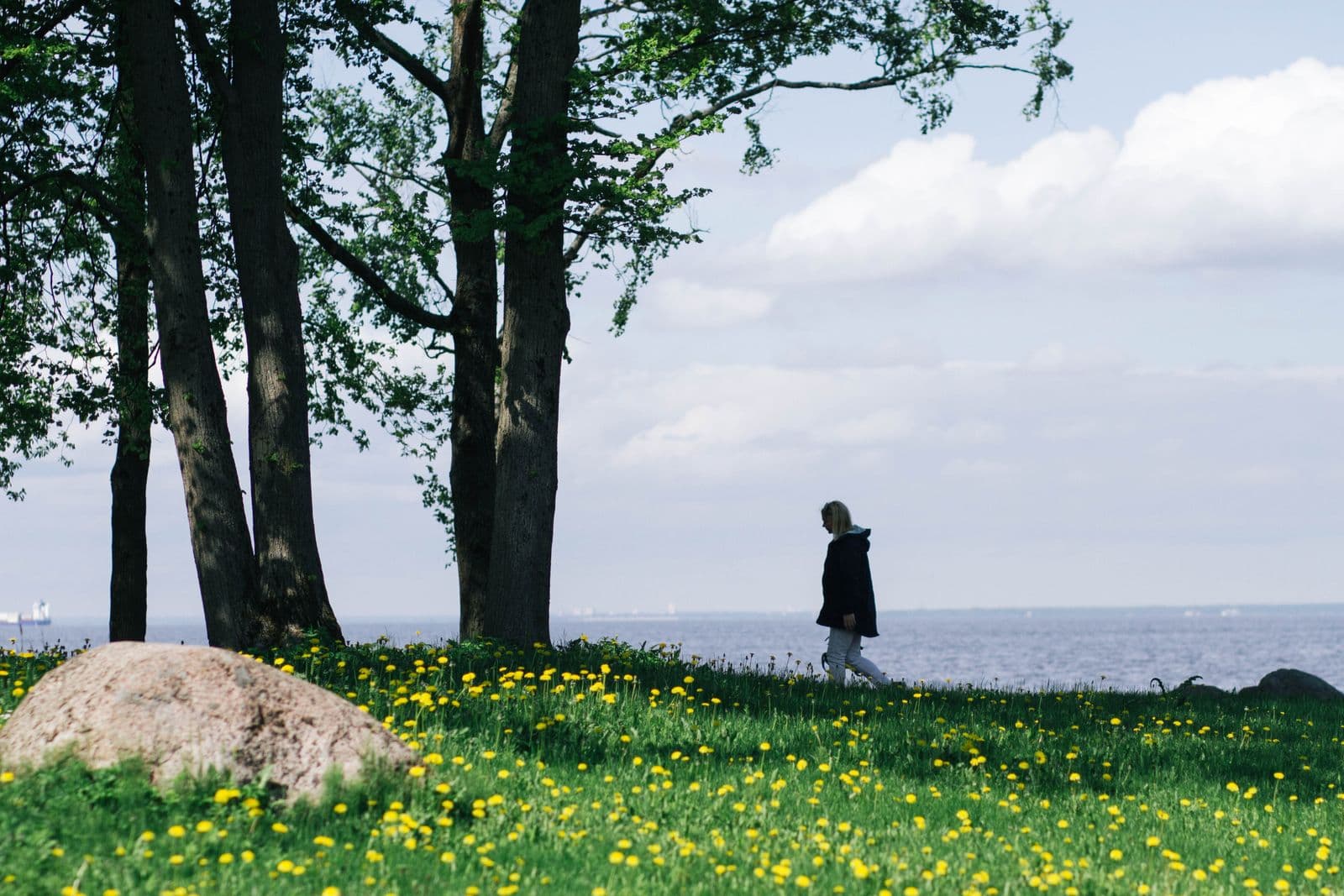 A woman in a dark jacket walks across a grassy field dotted with dandelions, beside a calm lake under a soft sky.