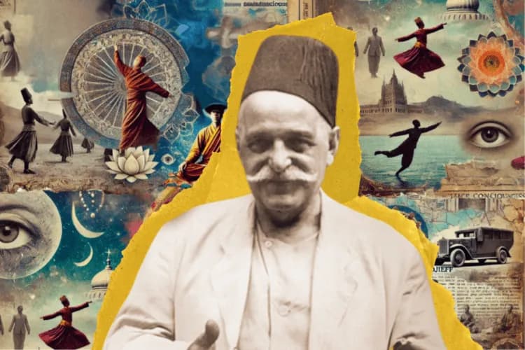 Spiritual awakening concept: George Gurdjieff portrait with the quote Your Misery Will Save You
