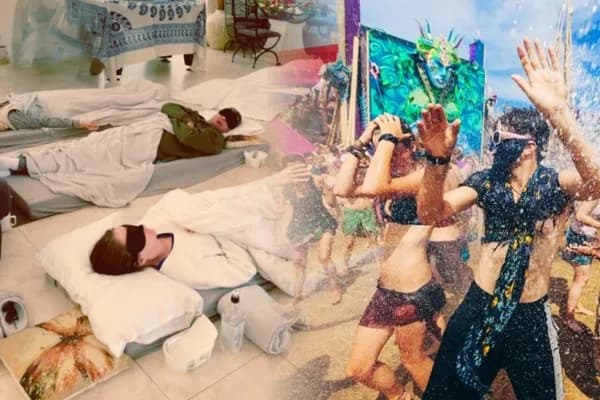 Split-screen photo comparison showing participants lying on floor mats with eye masks during an inward plant medicine retreat session alongside energetic festival-goers dancing outdoors, contrasting true healing with escapism.