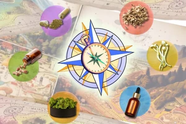 Medicine map collage showing forest and mountain paths with glowing mushroom motifs, symbolizing psilocybin paths from microdosing to deep dives