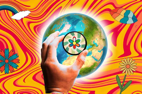 Hand holding a magnifying glass over planet Earth showing a psychedelic flower, against a vibrant swirling colorful background, illustrating the limits of using psychedelics to treat severe depression.