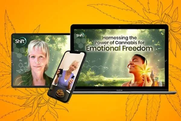 Laptop, tablet, and smartphone displaying promotional graphics for Becca Williams' Shift Network plant medicine course, Harnessing the Power of Cannabis for Emotional Freedom
