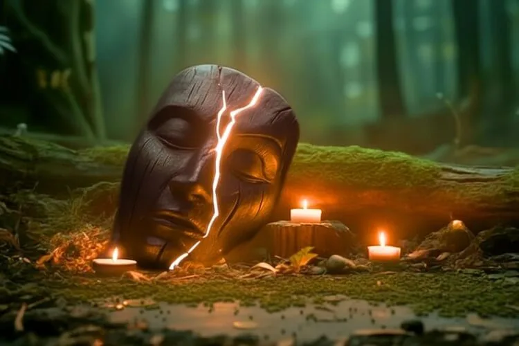 Symbolic image of a cracked ceremonial mask under golden light, representing integrity and accountability in psychedelic healing