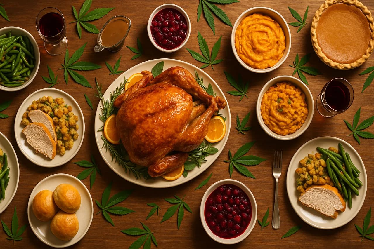 Thanksgiving Dinner Table with Turkey and all the Trimmings including sacred medicine leaves
